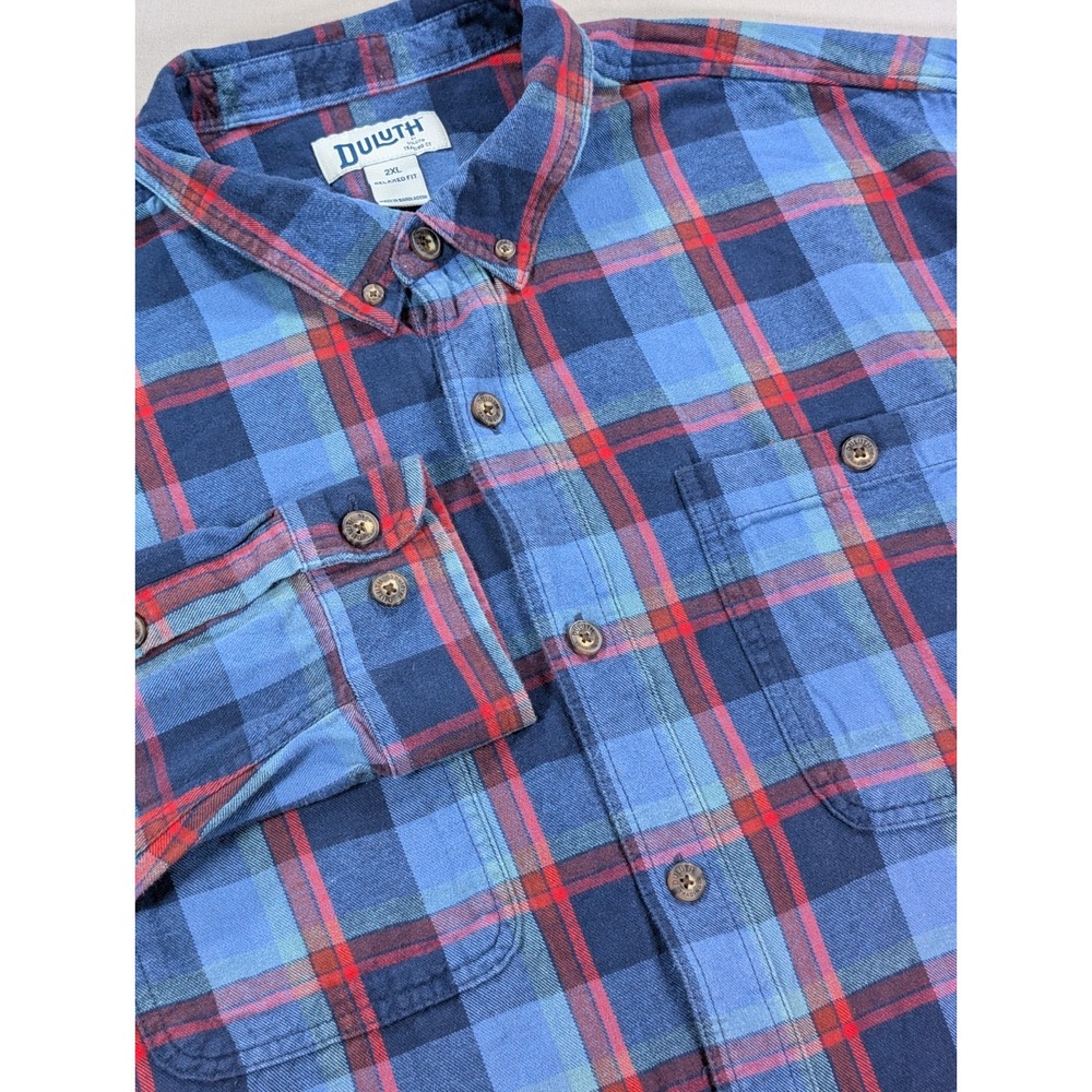 Duluth Flannel Shirt Mens 2XL Red Blue Plaid Relaxed Fit Cotton Outdoor Workwear